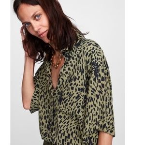 Zara Green Leopard Short Sleeve Blouse